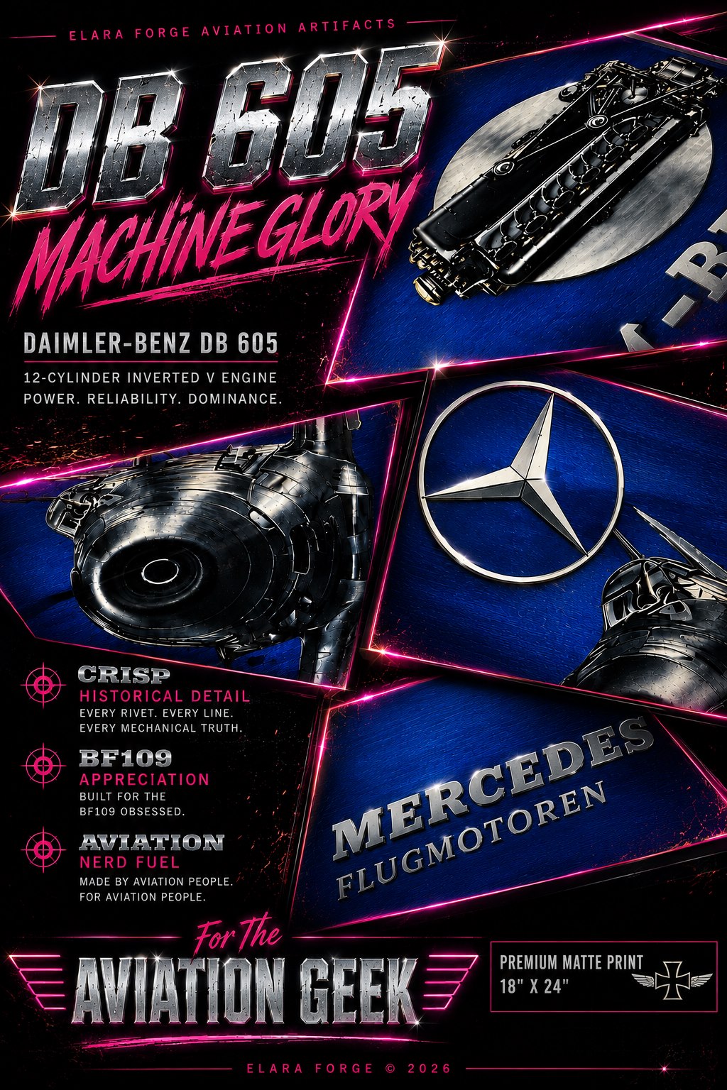 BF109 Machine Glory advertising artwork showing the Blue Steel family’s engine, nose, and cobalt material language
