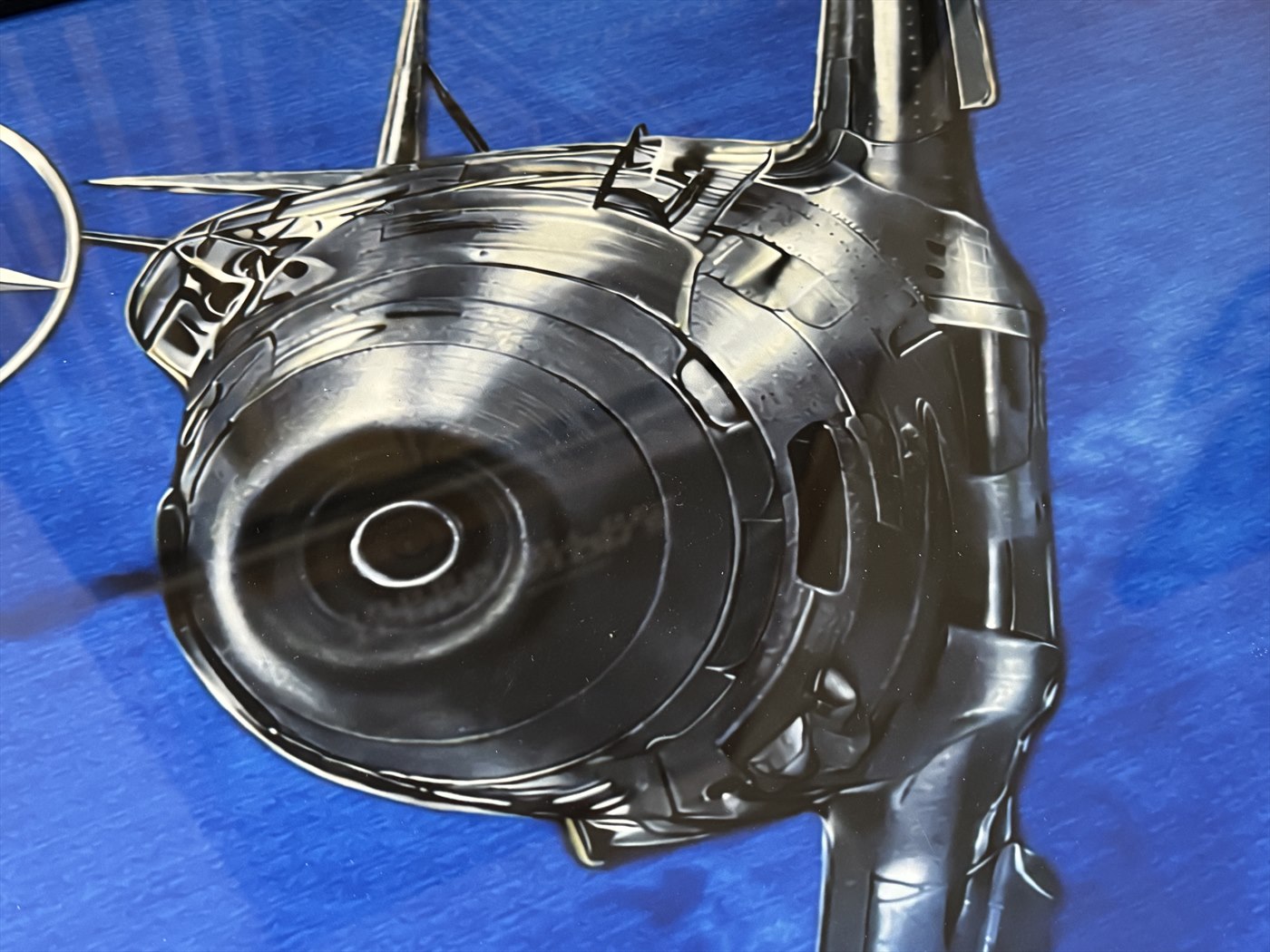 Real BF109 Blue Steel print close-up showing the aircraft nose and controlled black detail