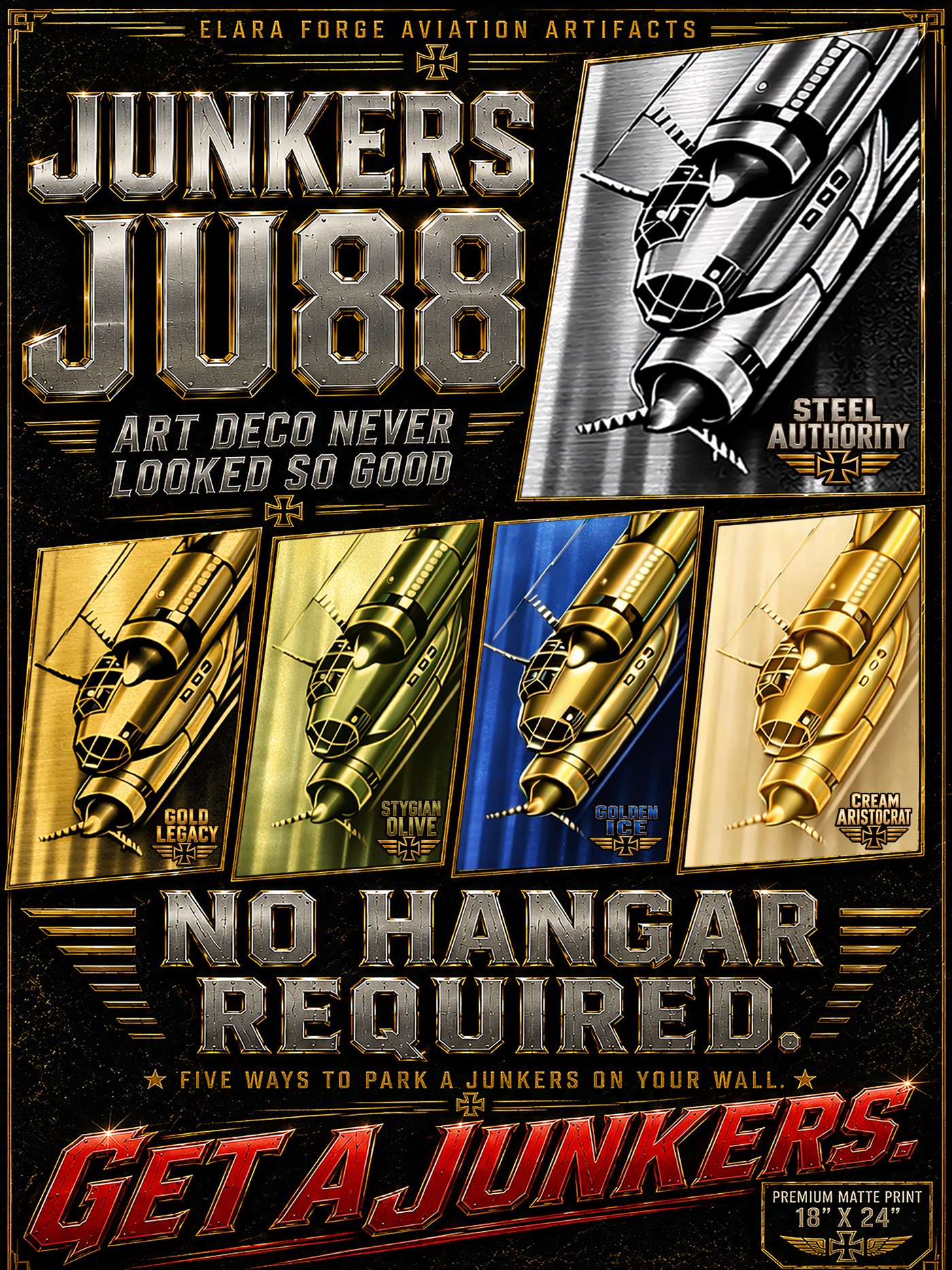 JU88 family advertising artwork presenting Steel Authority, Gold Legacy, Stygian Olive, Golden Ice, and Cream Aristocrat